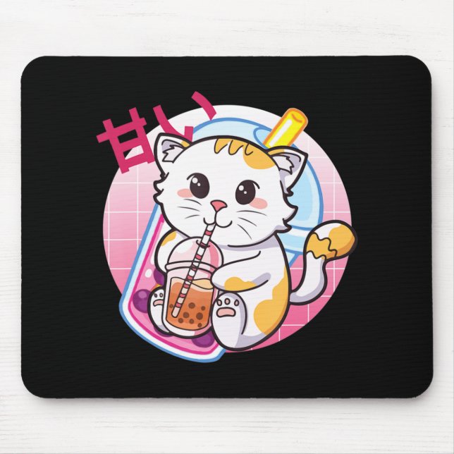 Mousepad Cat Boba Tea Bubble Tea Cat Anime Kawaii Nek (Frente)