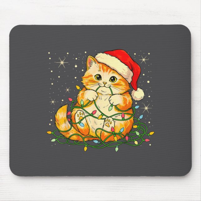 Mousepad Cat Christmas Lights Santa Hat Xmas Cats Lover Pet (Frente)