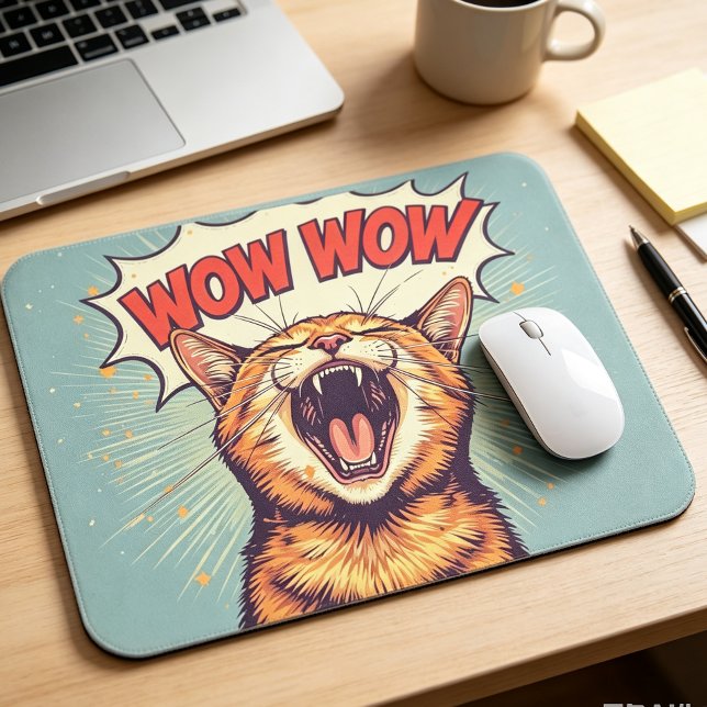 Mousepad Cat Gritando Arte Pop Retro Pad Mouse de Escritóri (Retro comic WOW orange cat office mouse pad, fun desk decor and gift for cat lovers.)