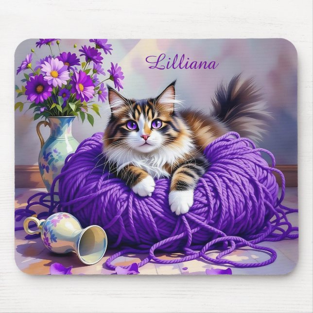 Mousepad Cat  in Purple Yarn and Flowers Personalized (Frente)