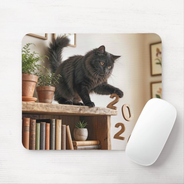 Mousepad Cat Knocking Off 2026 Year from Bookcase (Com mouse)