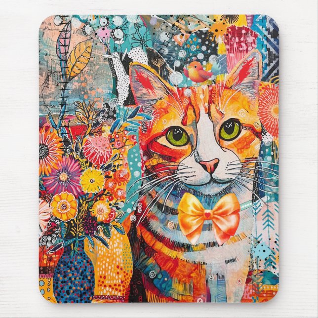 Mousepad Cat Mixed Mixed Paper Collage (Frente)