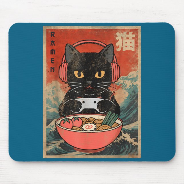 Mousepad Cat Ramen Japanese Funny Graphic Kawaii Anime  (Frente)