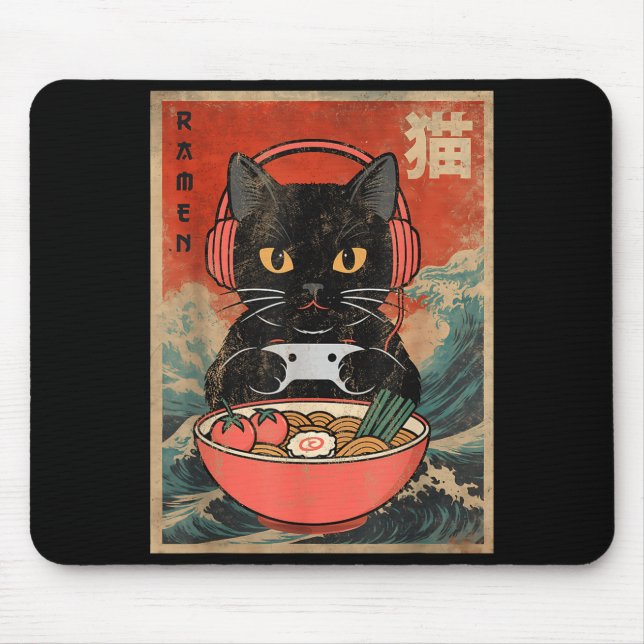 Mousepad Cat Ramen Japanese Funny Graphic Kawaii Anime  (Frente)