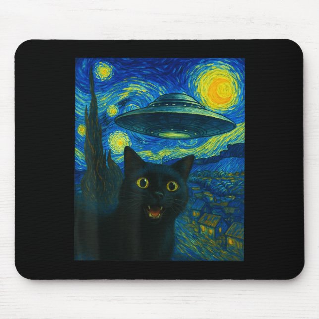 Mousepad Cat Selfie With Alien Ufo Night Van Gogh Men Women (Frente)