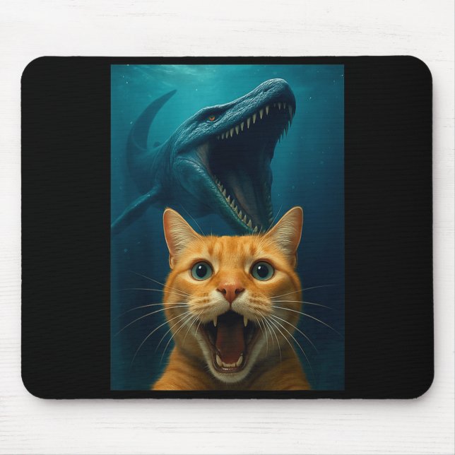 Mousepad Cat Selfie With Mosasaurus Dinosaur For Boys Kids  (Frente)