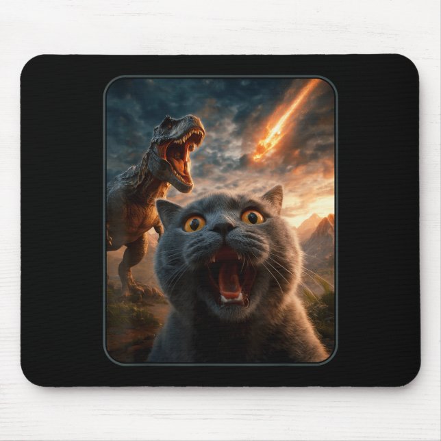 Mousepad Cat Selfie With T-rex Dinosaur Funny Cat T Rex Shi (Frente)