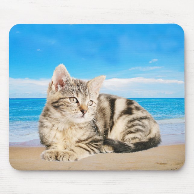 Mousepad Cat Sentado na praia da Ilha Tropical (Frente)