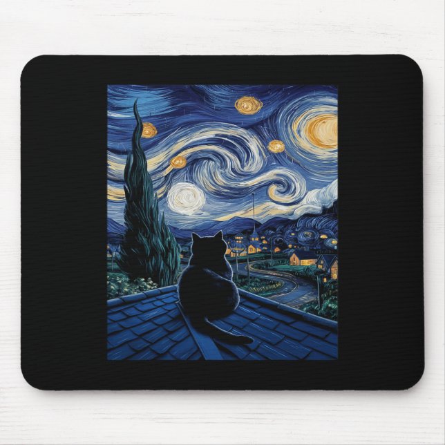 Mousepad Cat Starry Night Van Gogh Cat Art Lover Engraçado  (Frente)