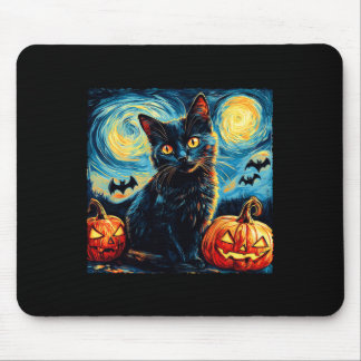 Mousepad Cat Starry Night Van Gogh Cat Lover Pumpkins Bats