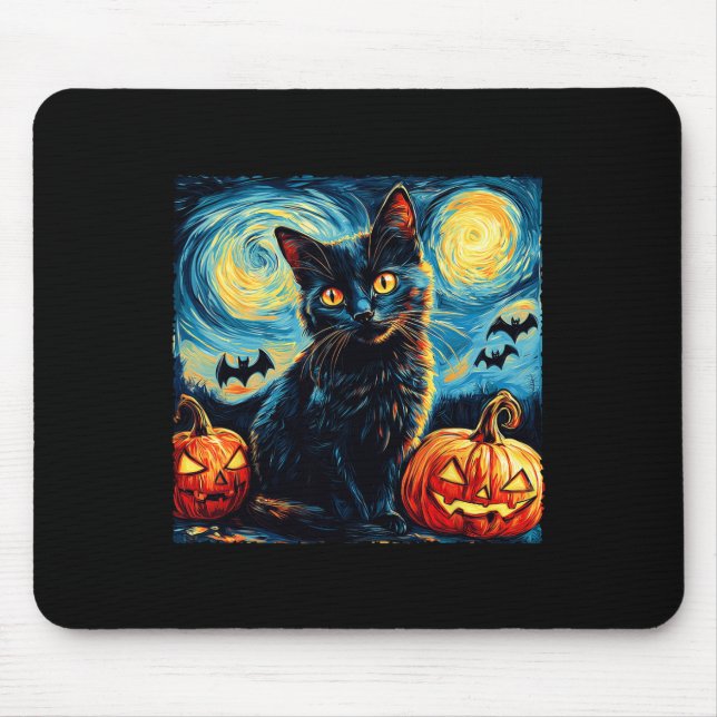 Mousepad Cat Starry Night Van Gogh Cat Lover Pumpkins Bats (Frente)