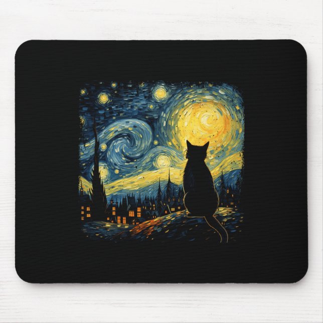 Mousepad Cat Starry Night Van Gogh Cat Para Cat Lover Cat M (Frente)