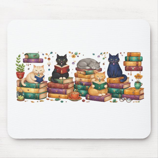 Mousepad Cats Reading Books Cozy Library Scene (Frente)