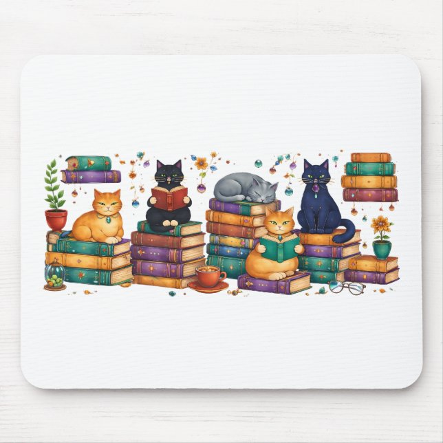 Mousepad Cats Reading Books Cozy Library Scene (Frente)