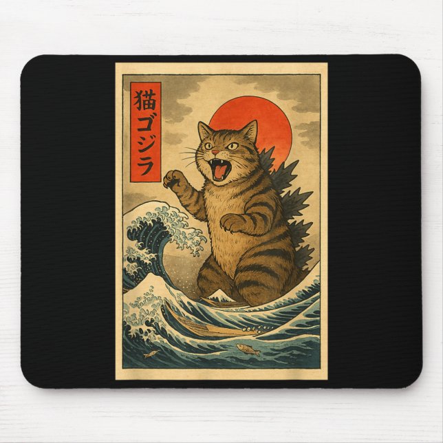 Mousepad Catzilla Cat Japanese Art Funny Cat For Men Women  (Frente)