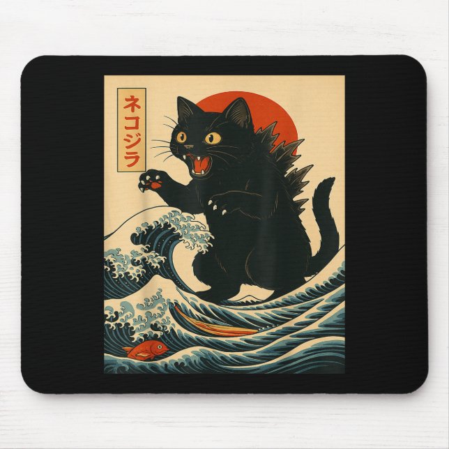 Mousepad Catzilla Cat Japanese Art Funny Cat For Men Women  (Frente)