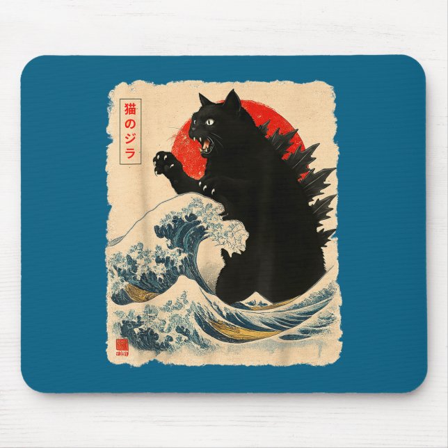 Mousepad Catzilla Cat Japanese Art Funny Cat Lover For Men  (Frente)