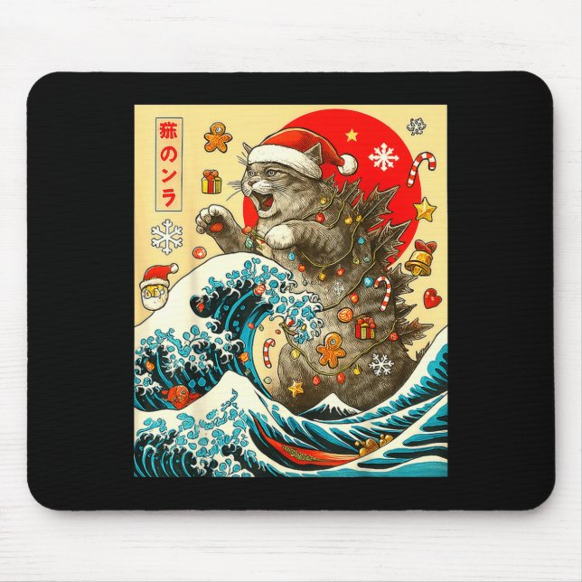 Mousepad Catzilla Cat Japanese Art Funny Xmas For Men Women (Frente)