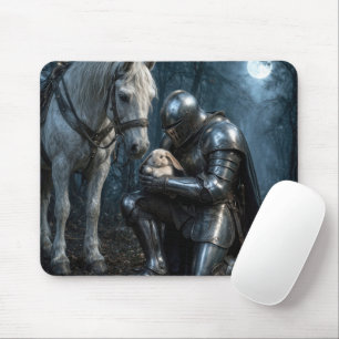 Mousepad Cavaleiro ajoelhado segurando um coelho de orelhas