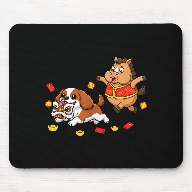 Mousepad Cavaleiro Chinês Cavalo King Charles Spaniel Feliz (Frente)