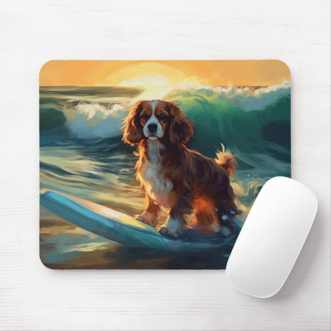 Mousepad Cavalier King Beach Surfing Painting (Com mouse)