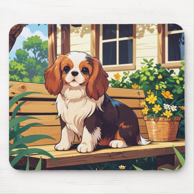 Mousepad Cavalier King Charles tricolor em um banco (Frente)