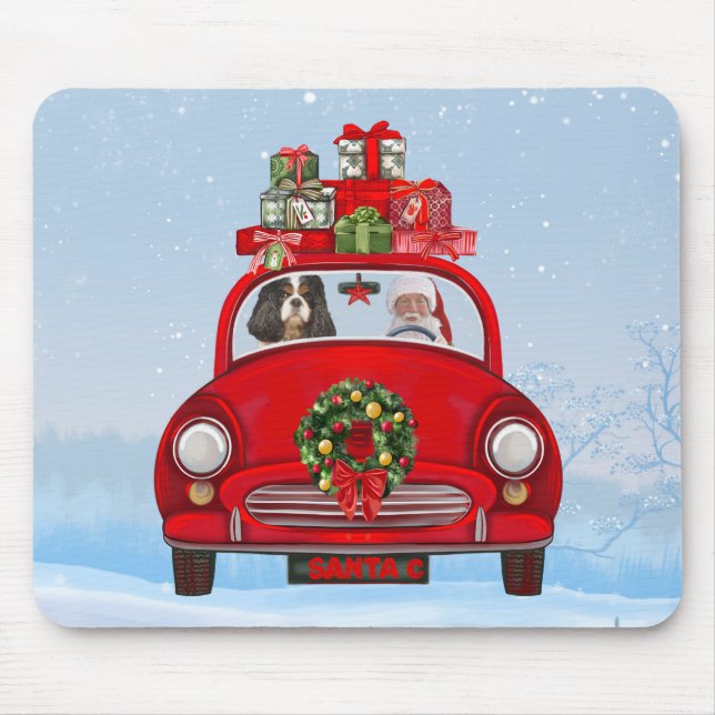 Mousepad Cavalier King Dog Em Carro Com Papai Noel (Frente)