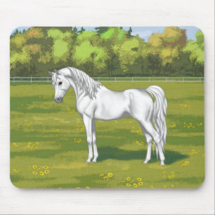 Mousepad Cavalo Árabe Egípcio Branco na Pastura de Verão