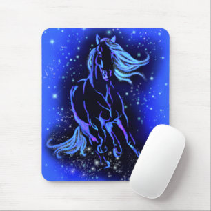 Mousepad Cavalo Azul Neon Correndo À Lua À Noite Estrelad