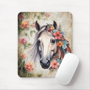Mousepad Cavalo branco em flores.