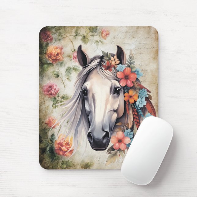 Mousepad Cavalo branco em flores. (Com mouse)