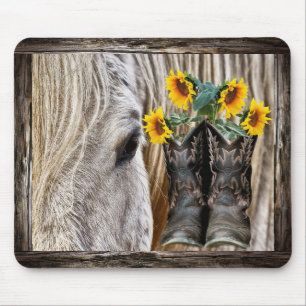 Mousepad Cavalo Cowboy Boots Girassóis Flores Rústicas Co