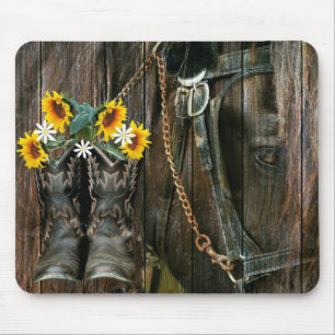 Mousepad Cavalo Cowboy Boots Girassóis Flores Rústicas Cons