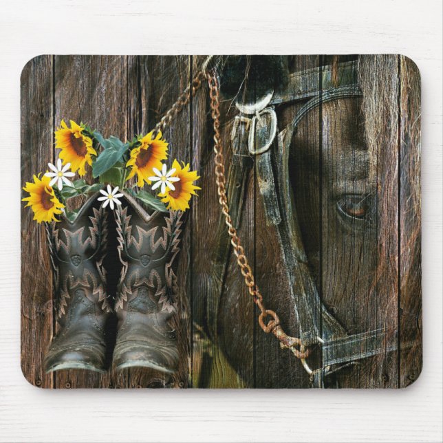 Mousepad Cavalo Cowboy Boots Girassóis Flores Rústicas Cons (Frente)