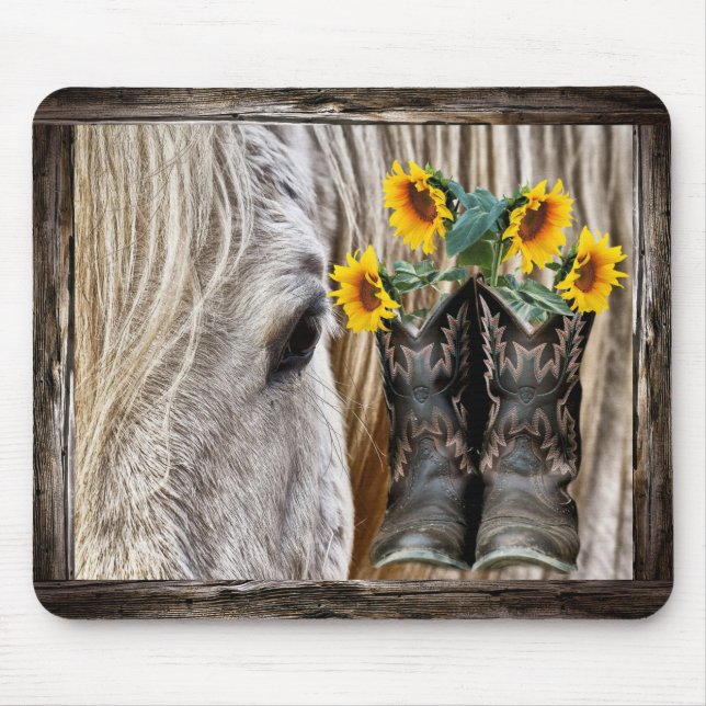 Mousepad Cavalo Cowboy Boots Girassóis Flores Rústicas Cons (Frente)