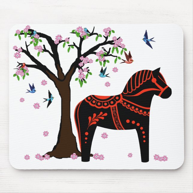 Mousepad Cavalo de Dala preto/vermelho, Pássaro/flor (Frente)