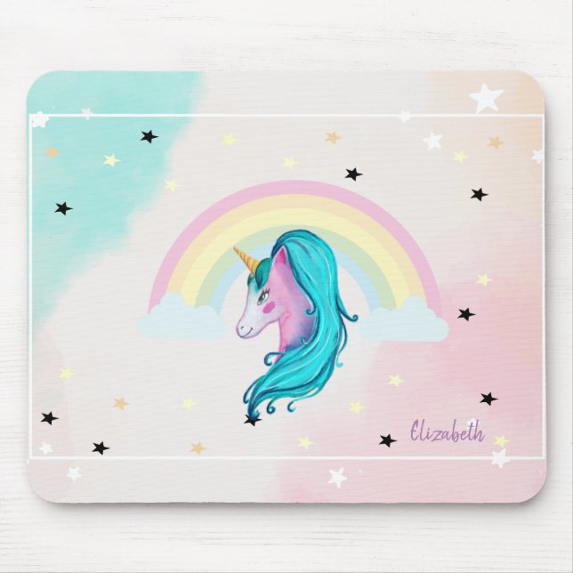 Mousepad Cavalo Mágico Aquarela, Arco-íris, Estrelas (Frente)
