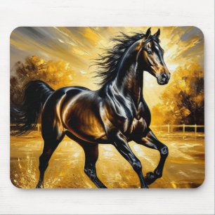 Mousepad Cavalo Preto Correndo Através da Água no Pôr do So
