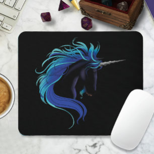 Mousepad Cavalo Preto Elegante Unicórnio Azul Prata Fantasi