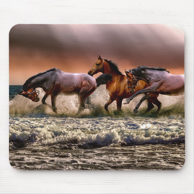 Mousepad Cavalos correndo em Surf oceânico ao pôr do sol (Frente)