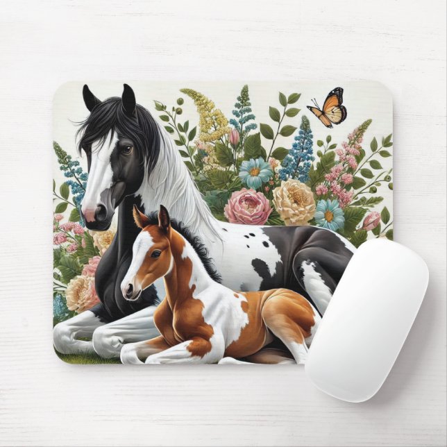 Mousepad Cavalos Descansados Entre Flores Vibrantes e Verde (Com mouse)