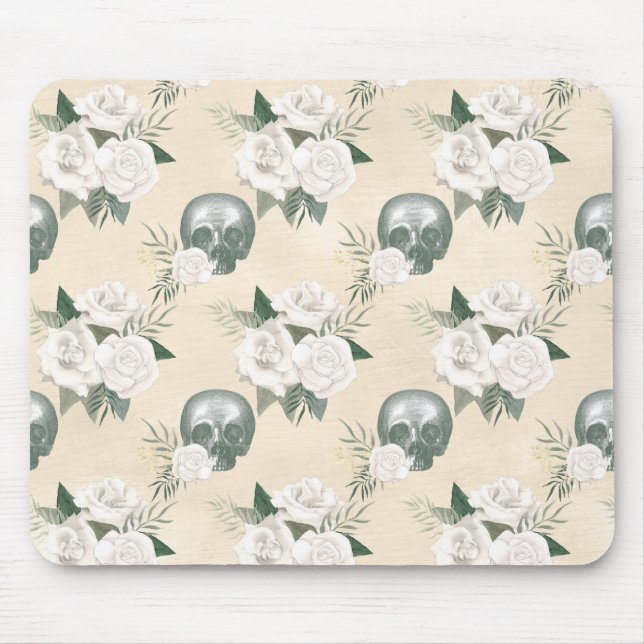 Mousepad Caveira de Boho com Rosas Brancas (Frente)