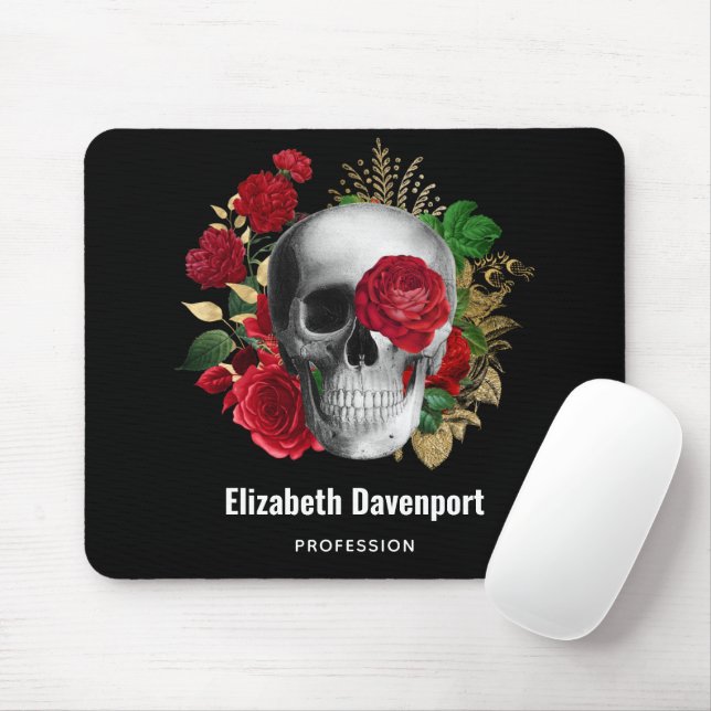 Mousepad Caveira do gótico com Flores Vermelhas e Folhas Do (Com mouse)