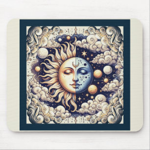 Mousepad Celestial Vintage Meio Sol & Lua Azul Amarelo