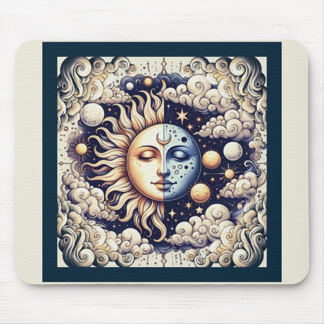 Mousepad Celestial Vintage Meio Sol & Lua Azul Amarelo (Frente)