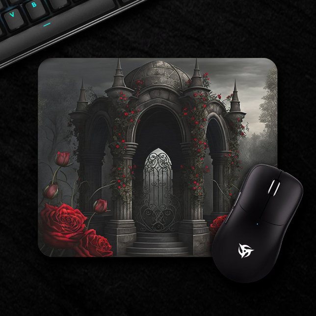 Mousepad Cemitério gótico Gazebo com Rosas vermelhas à noit (Criador carregado)