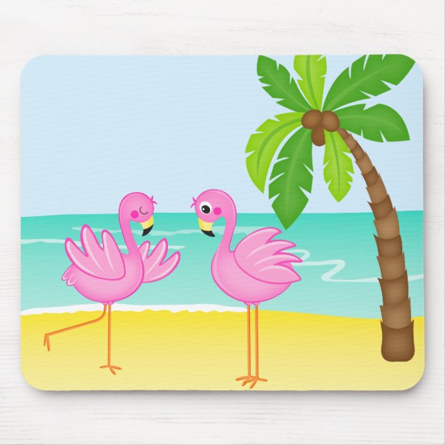 Mousepad Cena bonito da praia dos flamingos com palmeira (Frente)