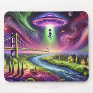 Mousepad Cena Colorida de Abdução por OVNI Alien e Céu Cósm