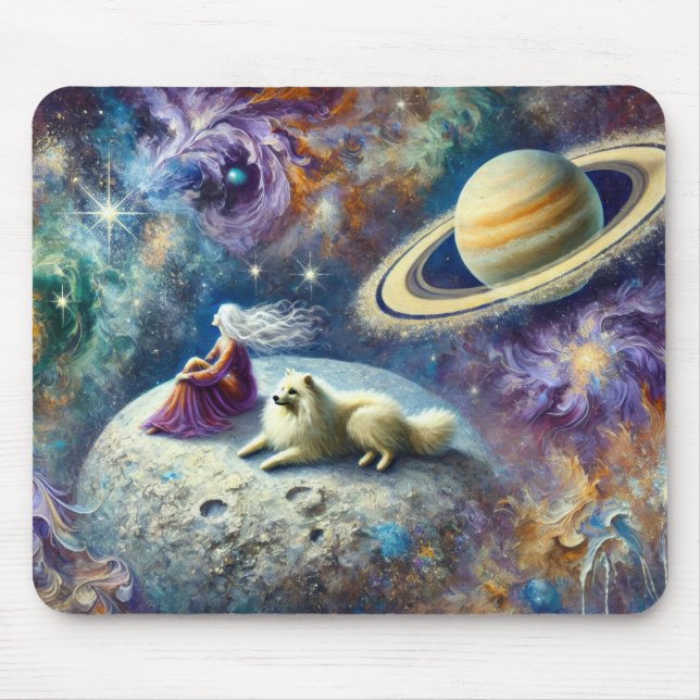 Mousepad Cena Cósmica Etérea com Mulher, Cachorro e Saturno (Frente)