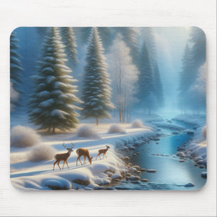 Mousepad Cena da Natureza, Veado, Inverno, Neve, Presente
